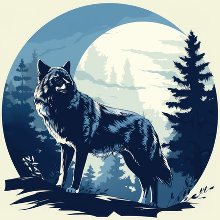 Illustration of a wolf at midnight, flat color blue and orange, AI generated Imageの素材