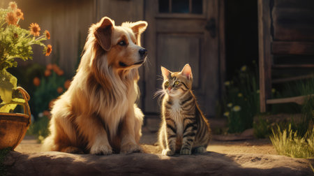 The cat sits next to the dog, AI generated Imageの素材