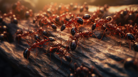 Ants teamwork. Group of red ants on the ground. 3d renderの素材