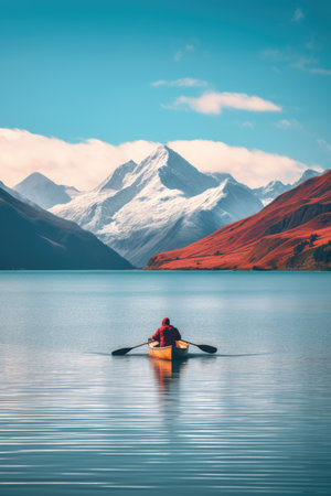 Man rowing on lake Tekapo, South Island, New Zealandの素材