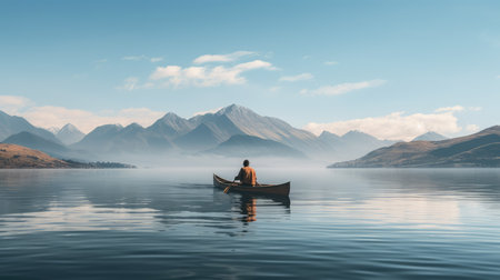 Man in a boat on the lake. 3d render illustration.の素材