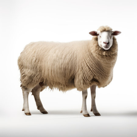 Sheep isolated on a white background, side view, studio shotの素材