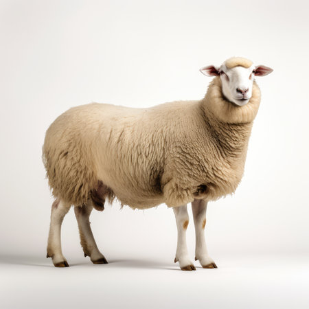 Sheep standing on a white background and looking at the camera.の素材