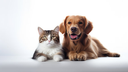 Cat and dog together on white background. Cat and dog together.の素材