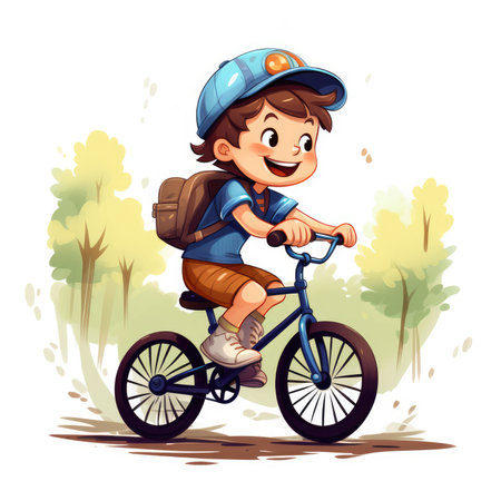 Cartoon boy riding a bicycle in the park. Vector illustration.の素材