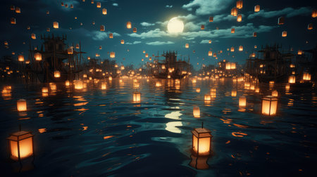3D illustration of a night scene with floating lanterns in the waterの素材