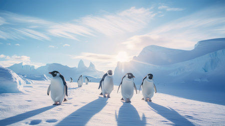 A group of penguins walking on ice, AI generated Imageの素材