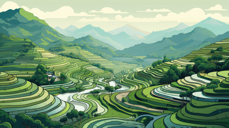 Illustration cartoon rice fields, AI generated Imageの素材