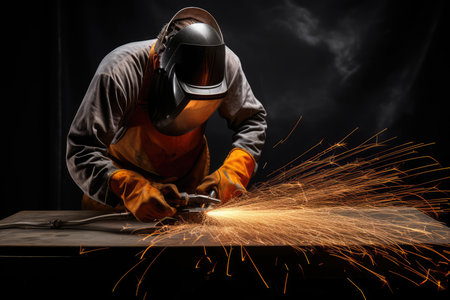 An industrial workbench surrounded by sparks from a metalworker, AI generated Imageの素材
