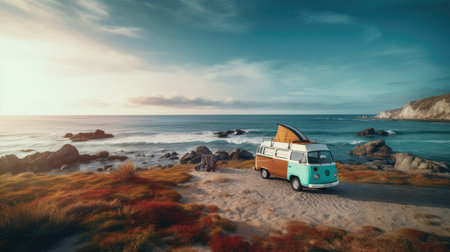 Camping van by the sea, AI generated Imageの素材