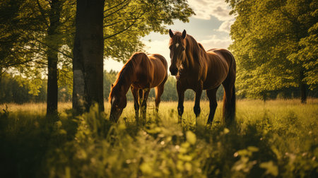 Horse eating grass next to a tree, AI generated Imageの素材