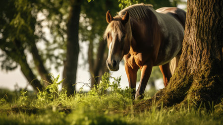 Horse eating grass next to a tree, AI generated Imageの素材
