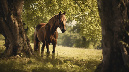 Horse eating grass next to a tree, AI generated Imageの素材