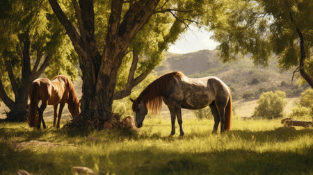 Horse eating grass next to a tree, AI generated Imageの素材
