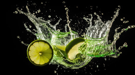 Lime splashed with water, isolated background, AI generated Imageの素材