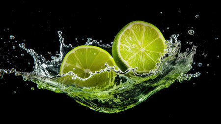 Lime splashed with water, isolated background, AI generated Imageの素材