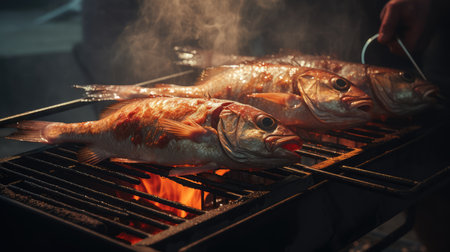 Fish is being grilled, AI generated Imageの素材