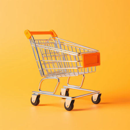 Shopping cart on orange background, AI generated Imageの素材