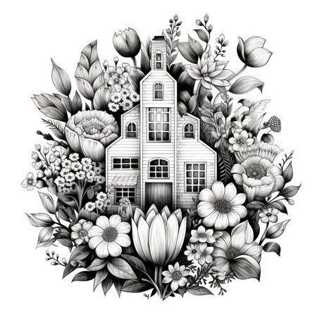 Hand drawn house full of flowers, AI generated Imageの素材