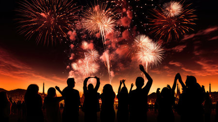 Silhouette of crowd watching fireworks, AI generated Imageの素材