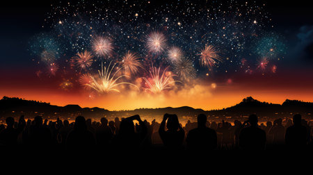 Silhouette of crowd watching fireworks, AI generated Imageの素材