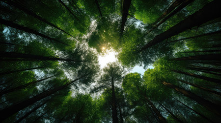 Forest full of trees, shot from below in a circle, AI generated Imageの素材