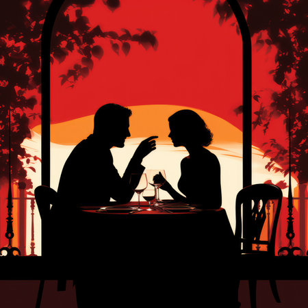 Silhouette of a man and woman couple having dinner, AI generated Imageの素材