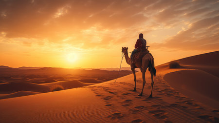Man riding a camel in the desert watching the sunset, AI generated Imageの素材