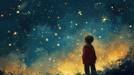 Cartoon little boy standing looking at a sky full of stars, AI generated Imageの素材