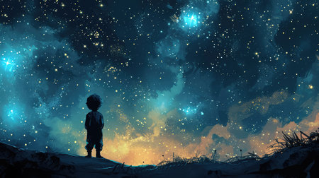 Cartoon little boy standing looking at a sky full of stars, AI generated Imageの素材