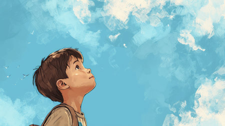 Cartoon little boy looking at the blue sky, AI generated Imageの素材