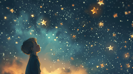 Cartoon little boy standing looking at a sky full of stars, AI generated Imageの素材