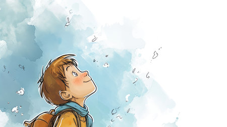 Cartoon little boy looking at the blue sky, AI generated Imageの素材