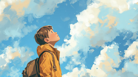 Cartoon little boy looking at the blue sky, AI generated Imageの素材