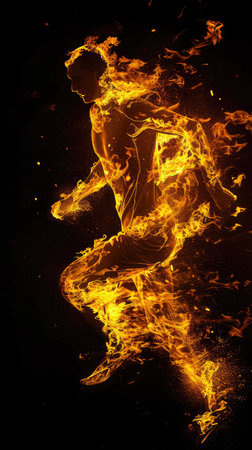 Running man covered in flames on black background, AI generated Imageの素材