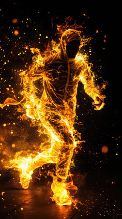 Running man covered in flames on black background, AI generated Imageの素材