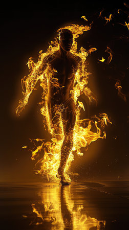 Running man covered in flames on black background, AI generated Imageの素材