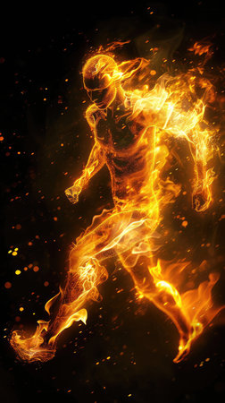Running man covered in flames on black background, AI generated Imageの素材