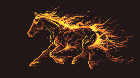 Graphic illustration of running horse covered in flames, AI generated Imageの素材