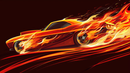 Graphic illustration of a speeding car covered in flames, AI generated Imageの素材
