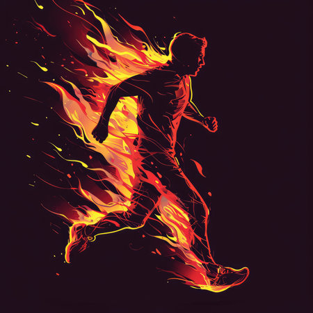 Graphic illustration of a running man covered in flames, AI generated Imageの素材
