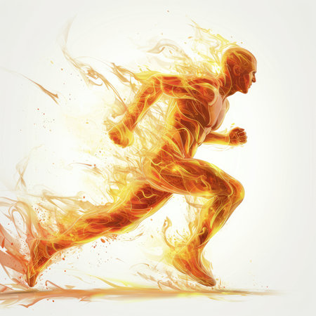 Graphic illustration of a running man covered in flames, AI generated Imageの素材