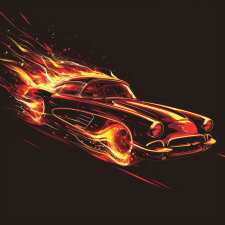 Graphic illustration of a speeding car covered in flames, AI generated Imageの素材