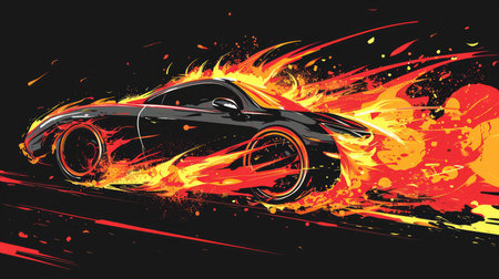 Graphic illustration of a speeding car covered in flames, AI generated Imageの素材