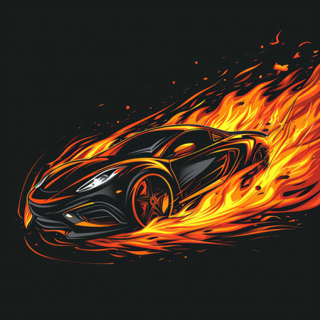 Graphic illustration of a speeding car covered in flames, AI generated Imageの素材