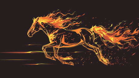 Graphic illustration of running horse covered in flames, AI generated Imageの素材