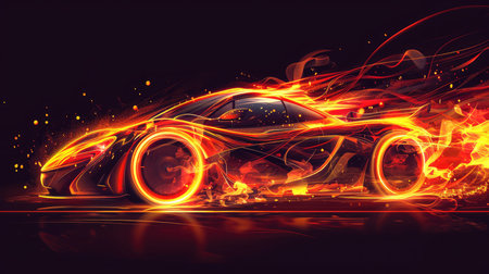 Graphic illustration of a speeding car covered in flames, AI generated Imageの素材