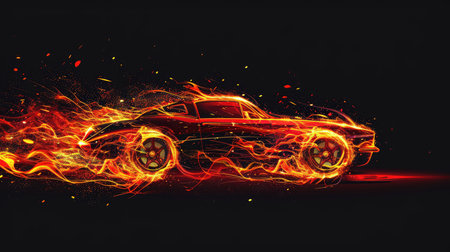 Graphic illustration of a speeding car covered in flames, AI generated Imageの素材