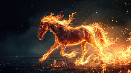 Running horse covered in flames, AI generated Imageの素材