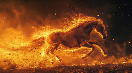 Running horse covered in flames, AI generated Imageの素材